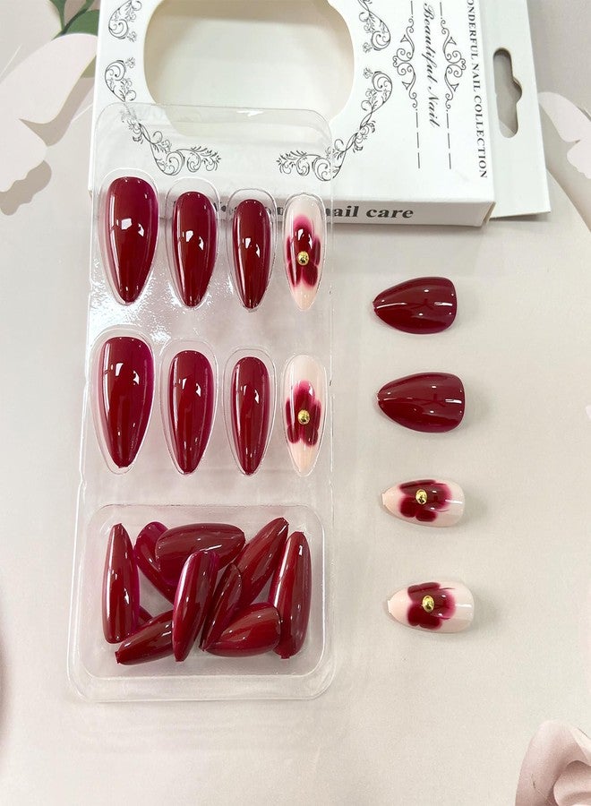 Vopintpy Wine Red Solid Color Almond Acrylic Nails with Glue For Women - Image 4